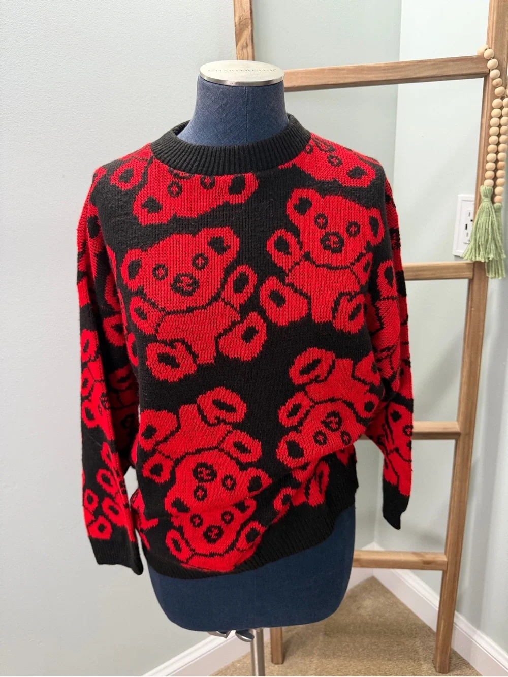 Vintage 80's Black Red Teddy Bear Knit Sweater Size Women's Medium